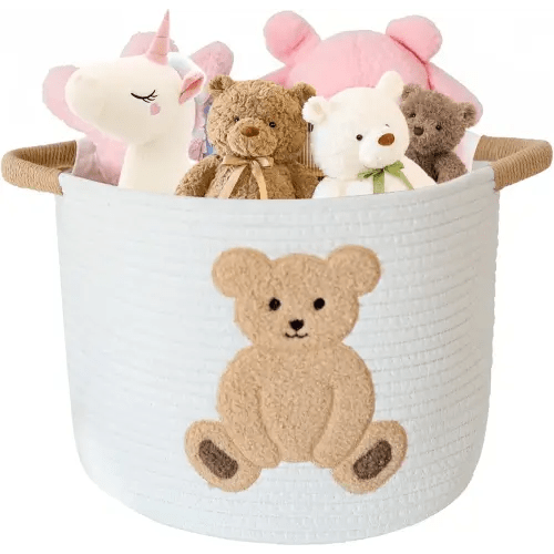 INough Cotton Rope Basket Toy Storage Baskets for kids Laundry Hamper, Gift Basket Empty Baby Shower Baskets with Handles, Cute Bins Blanket Stuffed Animal Storage for Nursery, Living Room Decor, Bear