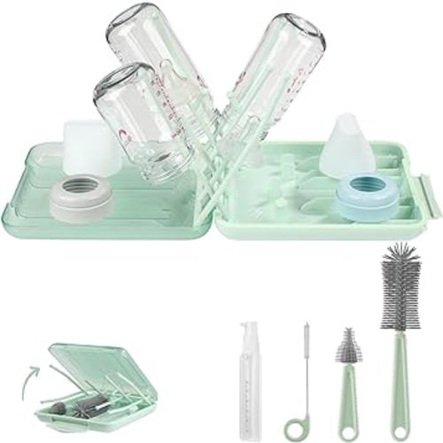 6-in-1 Baby Bottle Cleaning Brush Set with Silicone Bottle Brush, Nipple Cleaner, Straw Brush, Soap Dispenser, Bottle Drying Rack – for Home and Travel, Baby Travel Essential