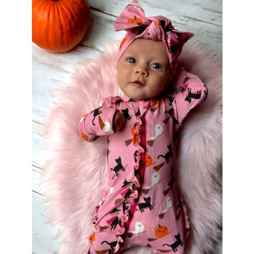 2-Way Ruffle Zip Footie, Broomstick Friends Pink