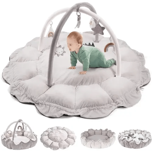 5-in-1 Convertible Baby Play Gym with 6 Toys, Tummy Time Mat for Sensory Development, Baby Activity Center from Newborn to Toddler, Ball Pit, Cat & Dog Bed, Soft Plush Pet Bed, No Ball Included