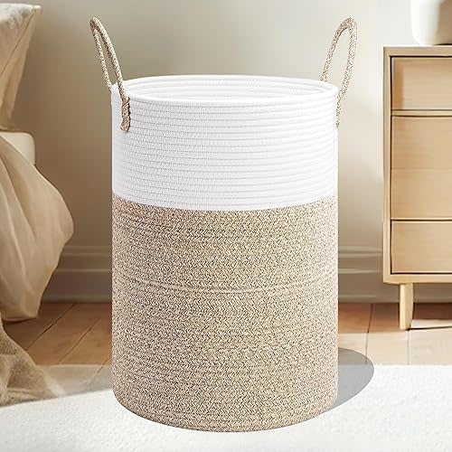 Cotton Rope Woven Laundry Basket - 60L White & Brown Woven Basket for Blankets, Toys and Dirty Clothes - Laundry Baskets with Handles for Living Room, Laundry Room, Bedroom Storage, Clothes Hamper