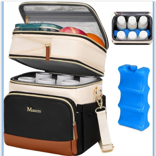 Mancro Expandable Breast Milk Cooler Travel Bag with Ice Pack, Double Layer Baby Bottle Bag Fits 6 Bottles Up to 9 Ounce, Breastmilk Cooler Bag with Shoulder Strap for Nursing Moms & Daycare
