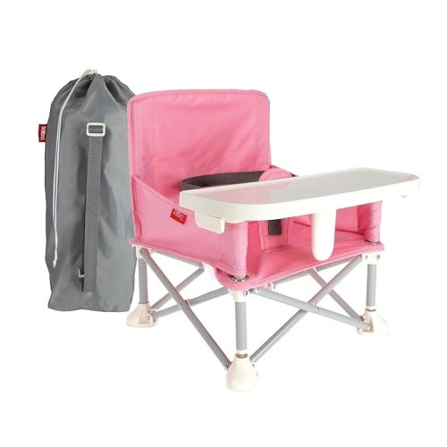 Nuby Pop-Up Booster Seat with Removable Tray - 6+ Months - Portable Booster Seat for Floor for Indoor/Outdoor Use - 3-Point Safety Adjustable Straps - Summer Travel Essentials - Pink