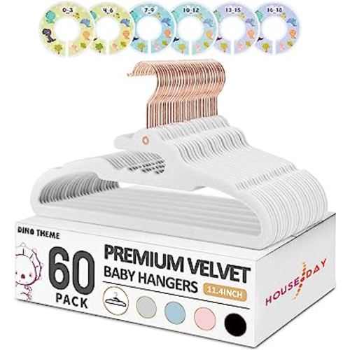 HOUSE DAY Premium Baby Hangers Velvet 60 Pack, Dino 11.4'' Baby Clothes Hangers for kids +6 Pcs Dividers, Sturdy Children Felt Non Slip Hanger for Nursery on Baby Boys & Girls Closet Organizer - White