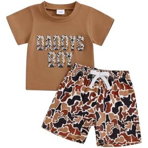 Toddler Baby Boy Summer Clothes Retro Embroidery Duck Hunting Shirts T-Shirt + Elastic Camouflage Shorts Set
