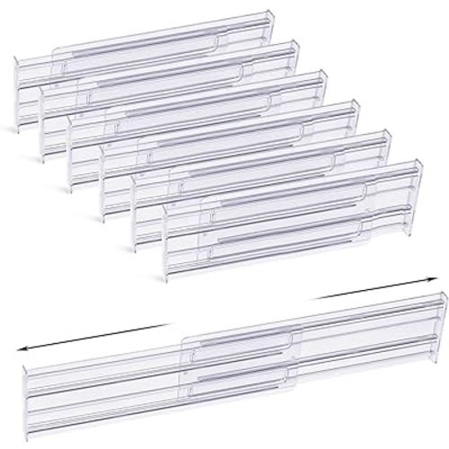 6 Pack Plastic Drawer Dividers 3.2" High, 11-19.7" Adjustable Drawer Organizers for Clothes, Expandable Separators in Bedroom/Kitchen/Office Organization and Makeup Cosmetic Storage-Clear