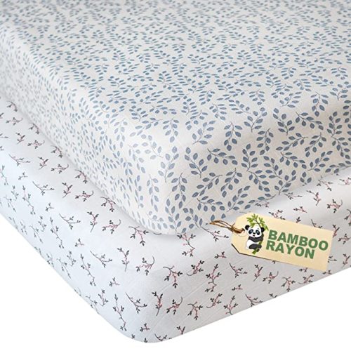 Muslin Crib Sheets, Boho Fitted Baby Crib Sheet for Standard Crib Mattress (52"x28"), Soft Breathable Baby Sheets 2 Pack, Blue Leaf & Floral Pink
