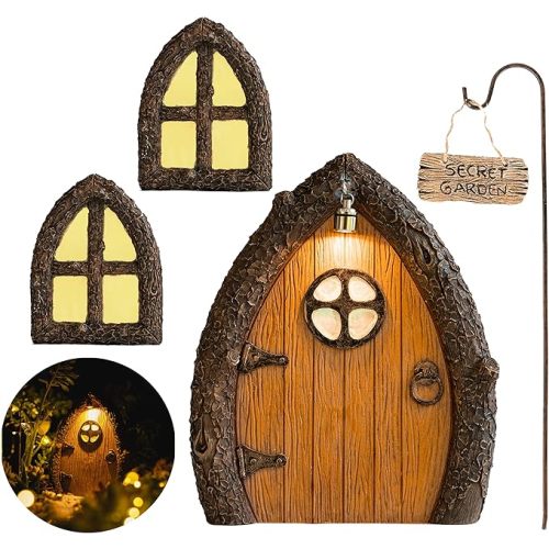 Fairy Door and Windows for Trees – Glow in The Dark Yard Art Sculpture Decoration for Kids Room, Wall and Trees Outdoor | Miniature Fairy Garden Outdoor Decor Accessories with Secret Garden Sign