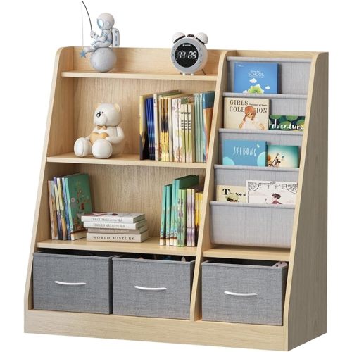 Kids Bookshelf Wood Toy Storage Organizer Cabinet Children Bookcase Toddler Baby Sling Book Rack 3 Cube Bins Fabric Drawers for Playroom Bedroom Nursery School