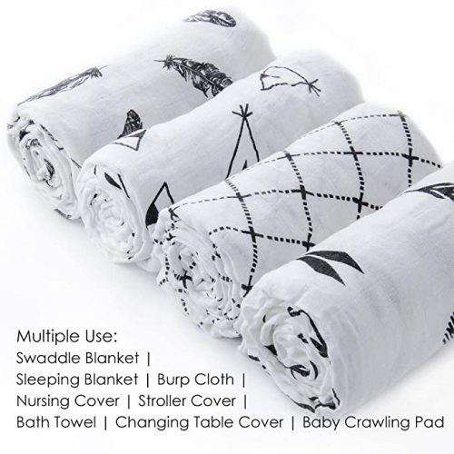 upsimples Baby Swaddle Blanket Unisex Swaddle Wrap Soft Silky Bamboo Muslin Swaddle Blankets Neutral Receiving Blanket for Boys and Girls, Large 47 x 47 inches, Set of 4-Arrow/Feather/Tent/Crisscross - Black White