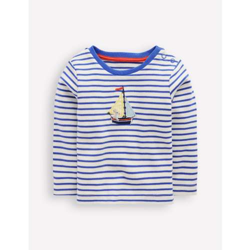 Long Sleeve Appliqué T-shirt-Ivory and Blue Heron Stripe