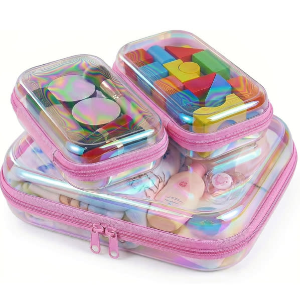 3Pcs Clear Hard Shell Zipper Case, TSA Approved Toiletry Bags with Iridescent Scratch-Proof Surface, Waterproof Cosmetic Bag Makeup Case Travel Organizer Pouches for Diapers, Toys Storage, 2S+1M