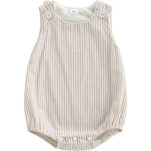 Newborn Baby Boy Girl Striped Romper Sleeveless Bubble Onesie | Gender Neutral Cotton Linen Bodysuit Button Shoulder Jumpsuit Tank Overalls Infant Summer Clothes Photoshoot Outfit