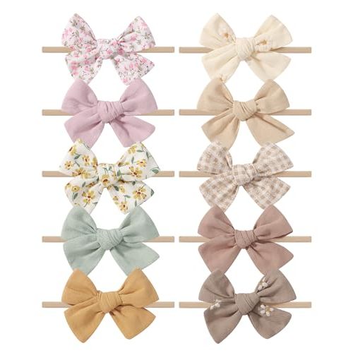 doboi 10PCS Baby Girls Headbands Hair Bows Nylon Cotton Linen Hairbands Fine Handmade Hair Accessories for Newborn Infant Toddlers Little Girls-Embroidered Flower