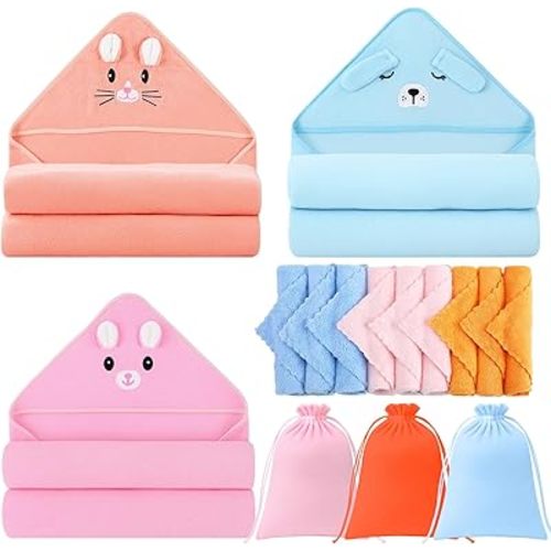 12 Pcs Baby Bath Towels Set, 3 Pcs Animal Hooded Baby Towels and 9 Pcs Washcloths Set for Newborn Infants Toddlers Ultra Absorbent Cute Soft Baby Towels for Boys Girls 31x31 inch