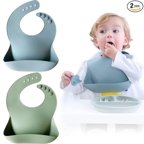 Moonkie Silicone Baby Bibs Set of 2, BPA Free Waterproof Baby Bibs for Eating, Soft Adjustable Silicone Bibs for Babies 6-12 Months, Toddler Bibs with Large Pocket Food Catcher (Ether/Sage)
