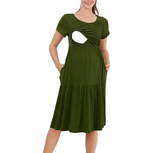 PARNIXS Women's Summer Nursing Dress Short Sleeve Maternity Knee Length Breastfeeding Dress