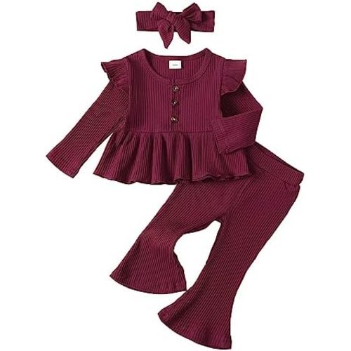 Baby Girl Clothes Toddler Girl Cotton Outfit Rib Long Sleeve Shirt Top Solid Pants Infant Girls Set