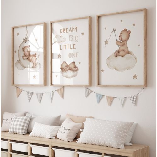 Set of 3 Teddy bear nursery wall art print| Dream Big Little one| Bear nursery Decor| gender neutral, Bear, Moon | Nursery child Kids Decor