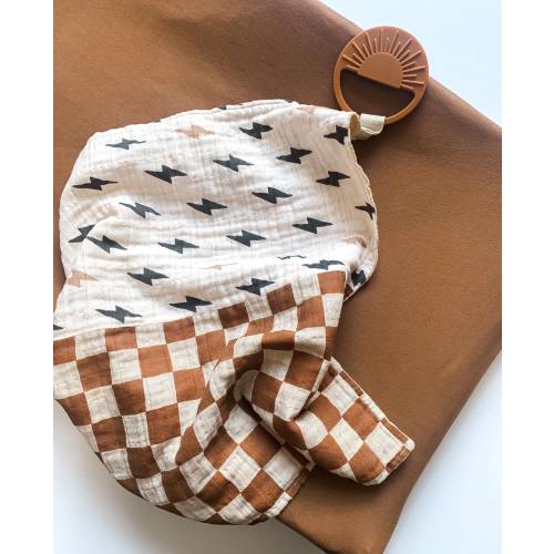 Lightning bolts checkerboard muslin lovey - security blanket - sun teether paci keeper - copper brown check neutral - boy baby shower gift