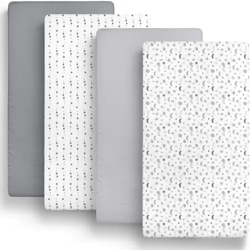 The Peanutshell Fitted Crib Sheets Set, Unisex 4 Pack Celestial Print, Grey Moon & Stars