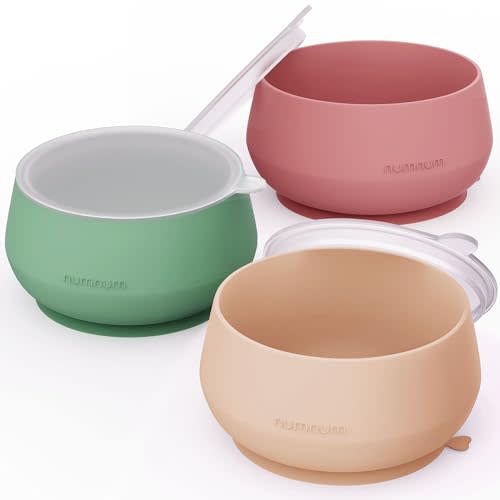NumNum Suction Bowls for Babies & Toddlers, Extra Strong Non-Slip Suction, 100% Food-Grade Silicone, BPA-Free, Microwave & Dishwasher Safe, Baby-Led Weaning Bowl, 3-Pack With Lid, Beige/Green/Mauve
