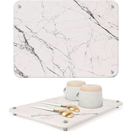Stone Drying Mat for Kitchen Counter - 15.7" x 11.8" Quick Drying Dish Mat - Ultra Absorbent Diatomaceous Earth Dish Drying Mat - Quick Dry Stone for Kitchen Sink, Dish Drying Stone Mat - White Marble