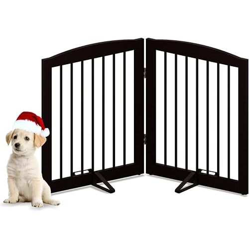 PUPETPO Freestanding Pet Gate for Dogs, Foldable Wooden Dog Gate for House, Indoor Pet Barrier for Stairs, Doorways, Support Feet Included, 24" Height 2 Panels, Brown