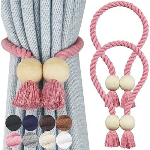 Nieffeiy 2 Pack Magnetic Curtain Tiebacks Cotton Hand Woven Tie Back Decorative Rope Holdbacks for Curtains Draperies No Tools Required, Pink