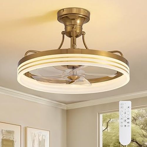 Moooni 20" Ceiling Fan With Light Remote Control - Gold, 6 Wind Speeds, Flush Mount Fandelier, Low Profile LED, Modern for Bedroom Living Room Kitchen