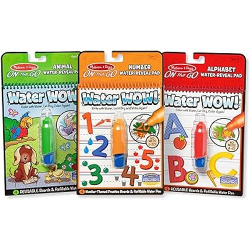 Melissa & Doug On the Go Water Wow! Water-Reveal Activity Pads, 3-pk, Animals, Alphabet, Numbers - 3-Pack Of Reusable No-Mess Travel Activities For Kids