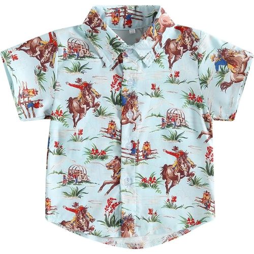 Western Baby Boy Clothes Button Down Short Sleeve Shirts Country Cowboy Dress Shirt Tops Summer Vintage Clothes