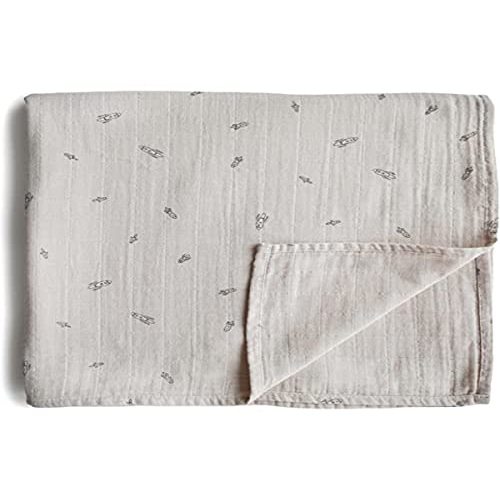 mushie Muslin Baby Swaddle Blanket | 100% Organic Cotton (Rocket Ship)