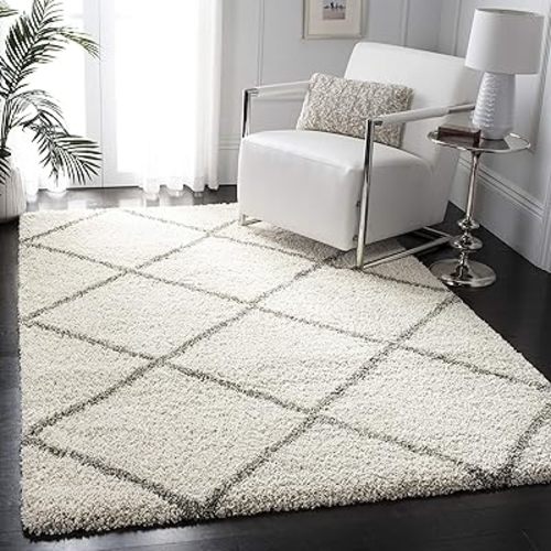 SAFAVIEH Hudson Shag Collection Area Rug - 8' x 10', Ivory & Grey, Modern Trellis Design, Non-Shedding & Easy Care, 2-inch Thick Ideal for High Traffic Areas in Living Room, Bedroom (SGH281A)