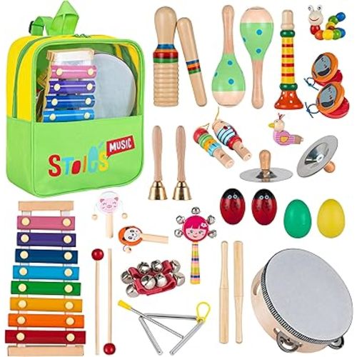 Stoie's Musical Toys for Toddlers 3-5, Wooden Percussion Instruments Toy for Kids Baby Preschool Educational Musical Toys Set for Boys and Girls with Storage Bag