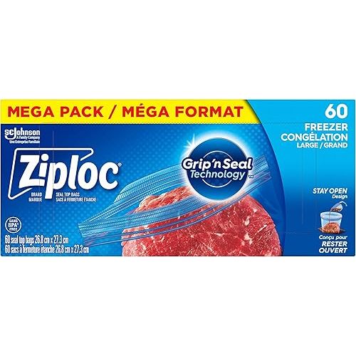 Ziploc Large Food Storage Freezer Bags, Grip 'n Seal Technology for Easier Grip, Open and Close, 60 Count