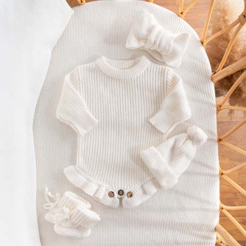 Chunky Knit Romper & Beanie & Bootie & Topknot Bundle