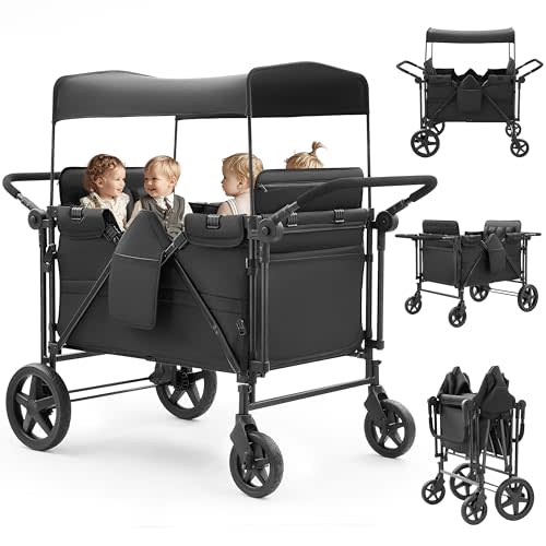 Stroller Wagon for 4 Kids, Wagon Stroller Featuring 4 High Seat with 5-Point Harnesses and Adjustable Canopy, Foldable Double Push Bar Stroller for Garden, Camping (Black)