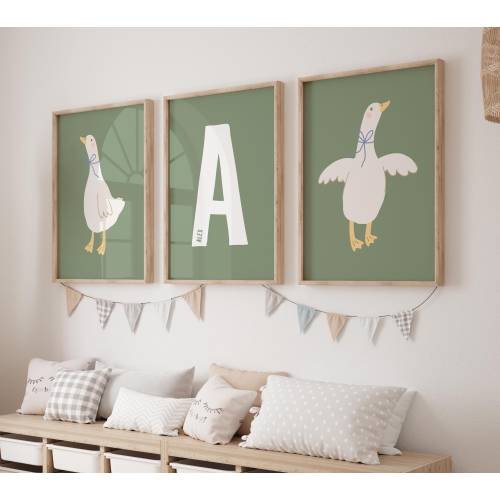 Goose Set of 3 Prints, Cute Goose Poster,Dark Green Boy Nursery Decor,Kid&#39;s Room Illustration,Goose Children&#39;s Room,Digital,Printable,Framed