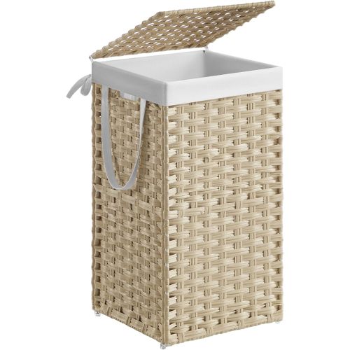 SONGMICS Laundry Hamper with Lid, 17.2 Gallon (65L) Synthetic Rattan Clothes Laundry Basket with Lid and Handles, Foldable, Removable Liner, Summer Sand ULCB165LZ01
