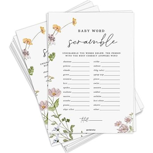 Baby Shower Word Scramble Game, Fun Baby Shower Games for Boy or Girl, Gender Neutral, 50 Pack, Wildflower
