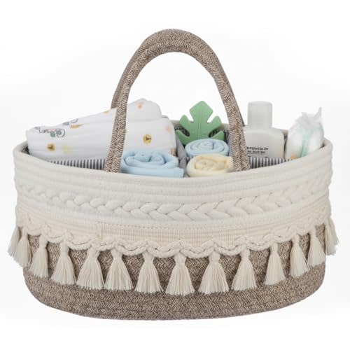 Fiwochic Macrame Diaper Caddy Organizer Cotton Rope Basket Boho Nursery Decor Cute Woven Tassel Portable Diaper Organizer for Changing Table Baby Shower Gifts for Newborn Essentials