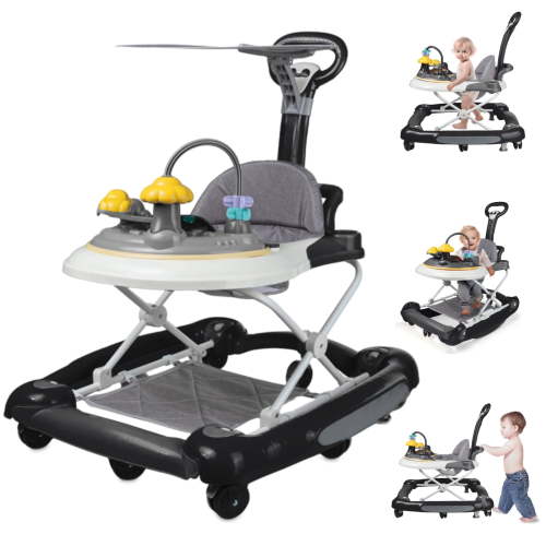 Hurber 4-in-1 Baby Walker, Black - Multifunctional, Music Activity, Height Adjustable, Foldable - with Safety Tray