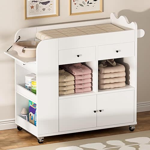 Baby Dresser with Changing Table Top, 3 Drawers Nursery Dresser with 4 Open Cubbies, Rolling Chest of Drawers with Wheels, 43" W x 19.5" D x 40" H