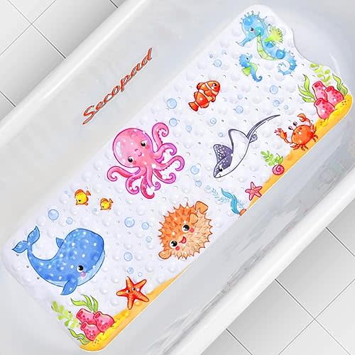 Baby Bath Mat for Tub for Kids, 40in x 16in Non Slip Cartoon Bath Tub Shower Mat Anti Slip with Drain Holes and Suction Cups Machine Washable, Pink Octopus