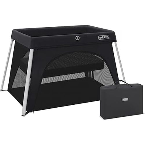 HARPPA Travel Crib with Comfy Mattress, Lightweight Portable Crib Requires No Assembly, Foldable Pack and Play for Baby and Toddlers, Compact Play Yard with Bed (Black)