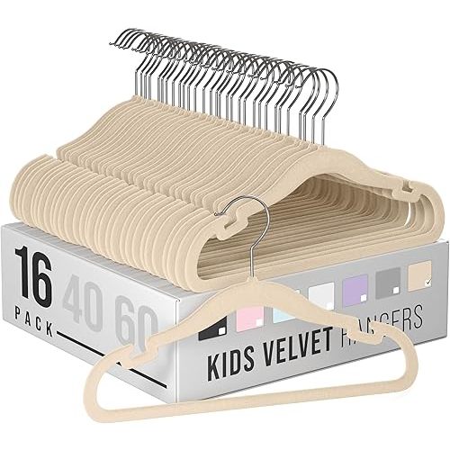 Velvet Baby Hangers for Clothes - Heavy Duty Non Slip Velvet Kids Hangers Or Toddler Hangers for Closet | Ultra Thin Design Kid Hangers for Space Saving - Ganchos De Ropa para Bebe (16 Pack Beige)