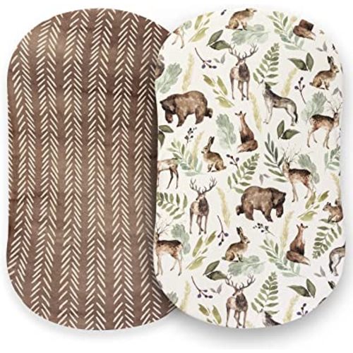 Pobibaby - 2 Pack Premium Bassinet Sheets for Standard Bassinets - Ultra-Soft Cotton Blend, Stylish Woodland Pattern, Safe and Snug for Baby (Wildlife)