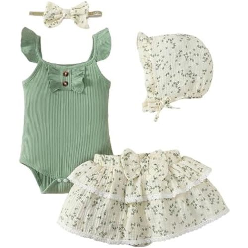 SUNNY PIGGY Baby Girl Outfit Newborn Clothes Short Set Infant Girl's Summer Cute Rufffle Sleeveless Romper 4PCS