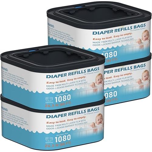 Jumbo+ Square Refills Disposal Bags Refill Compatible with Diaper Genie Compact and Select Pails (Not Fit Classic Version Pails), Hold Up to 1080 Newborn-Sized Diapers Per Refill, Pack of 4